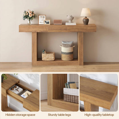 A light oak wood console table shown in a styled room setting, with decorative items on top and baskets on the open lower shelf. Three inset detail photos at the bottom highlight a hidden storage drawer, sturdy table legs, and a high-quality wood surface.