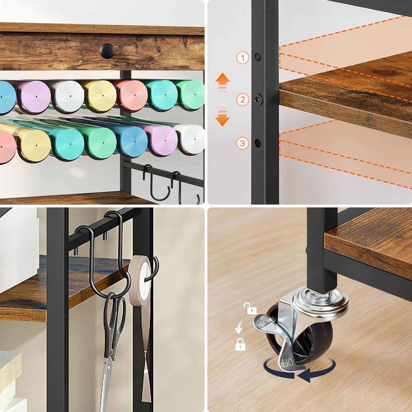 Collage of a wooden shelf with colorful items, close-up of shelves, hanging scissors, and wheel detail.