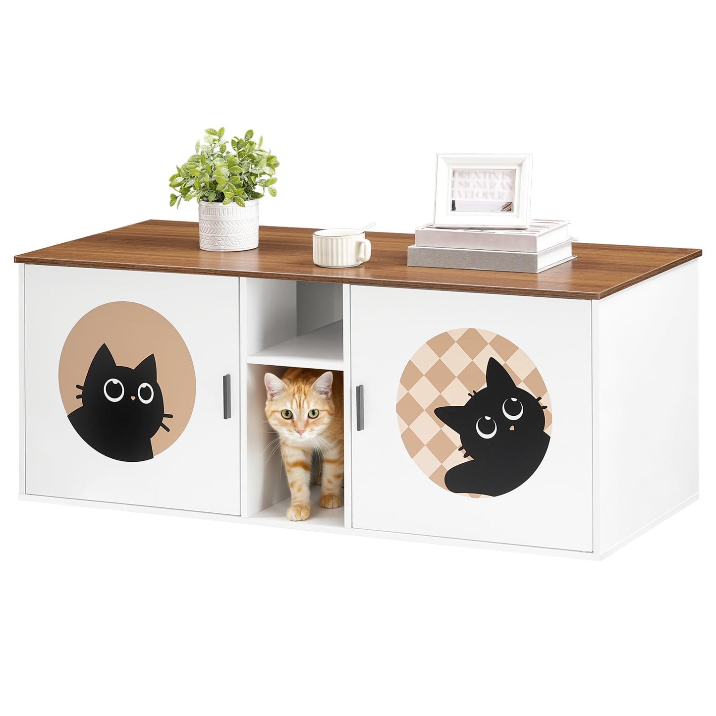 Hidden cat litter box enclosure cabinet with cute black cat prints holding a small potted plant and books.