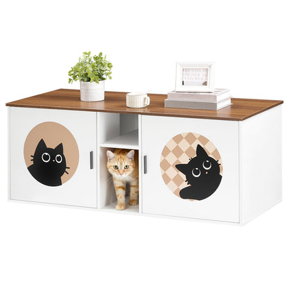 Hidden cat litter box enclosure cabinet with cute black cat prints holding a small potted plant and books.