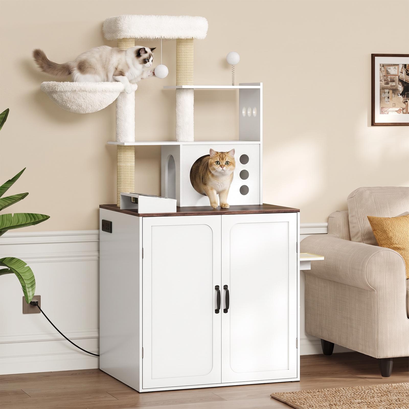 Large multi-functional hidden cat litter box furniture cabinet placed next to a couch in a modern living room.