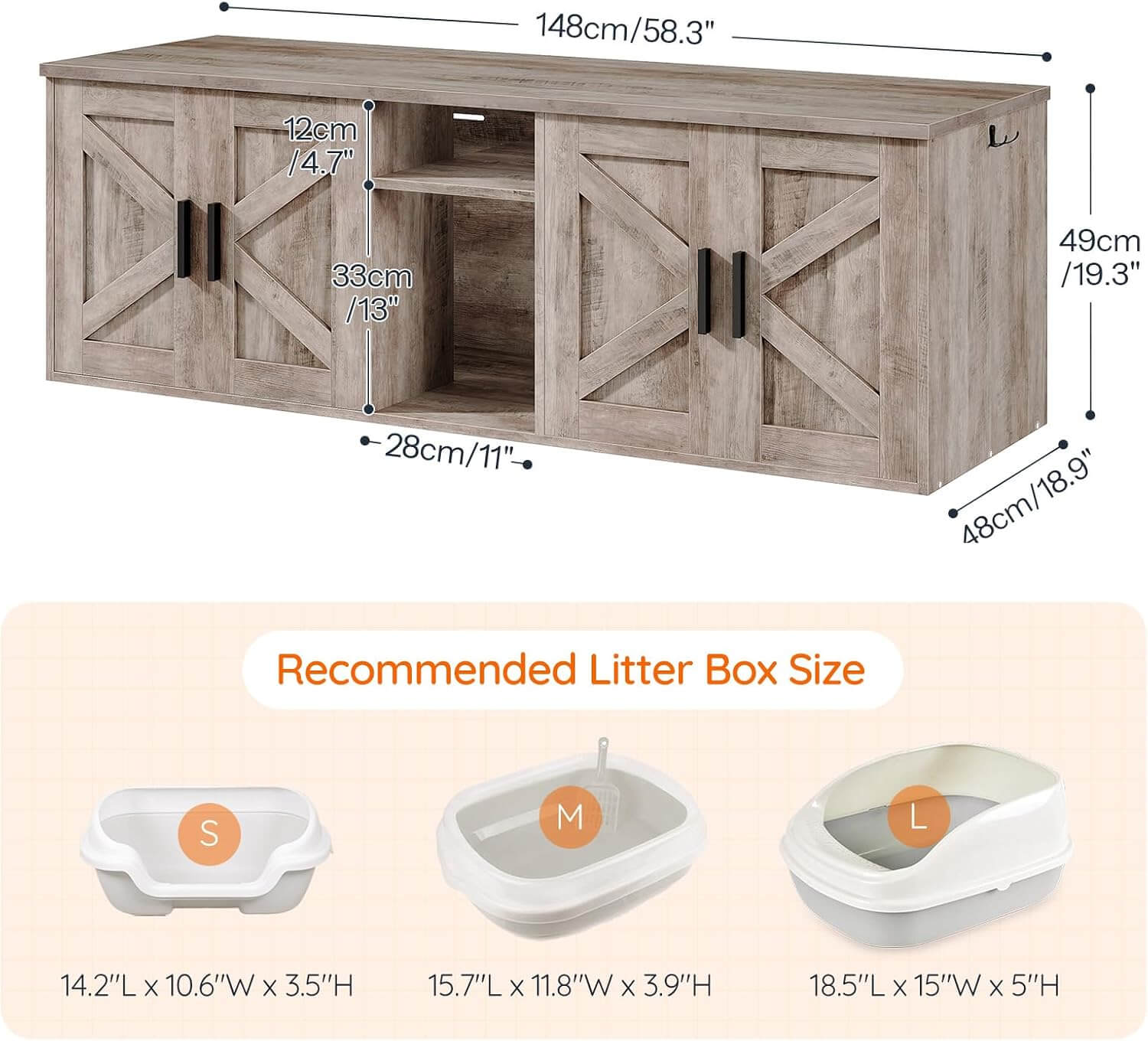 Wooden cabinet with dimensions and recommended litter box size chart on a beige background