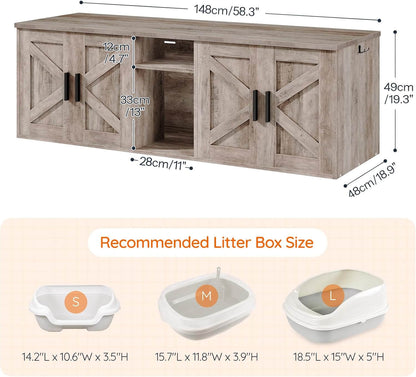Wooden cabinet with dimensions and recommended litter box size chart on a beige background