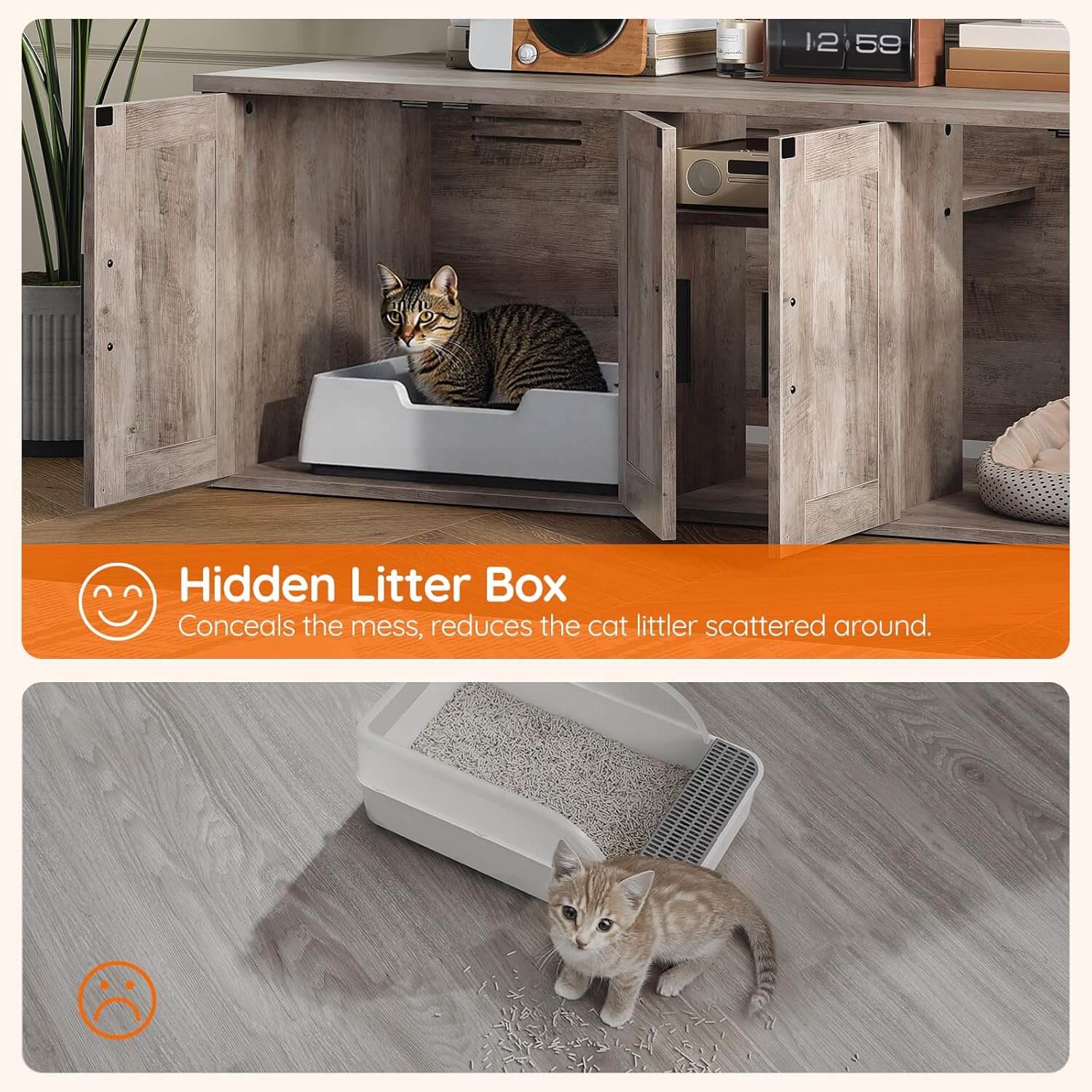 Hidden litter box system integrated into a wooden cabinet with a cat using it, followed by a scene of a cat near the litter box on the floor.