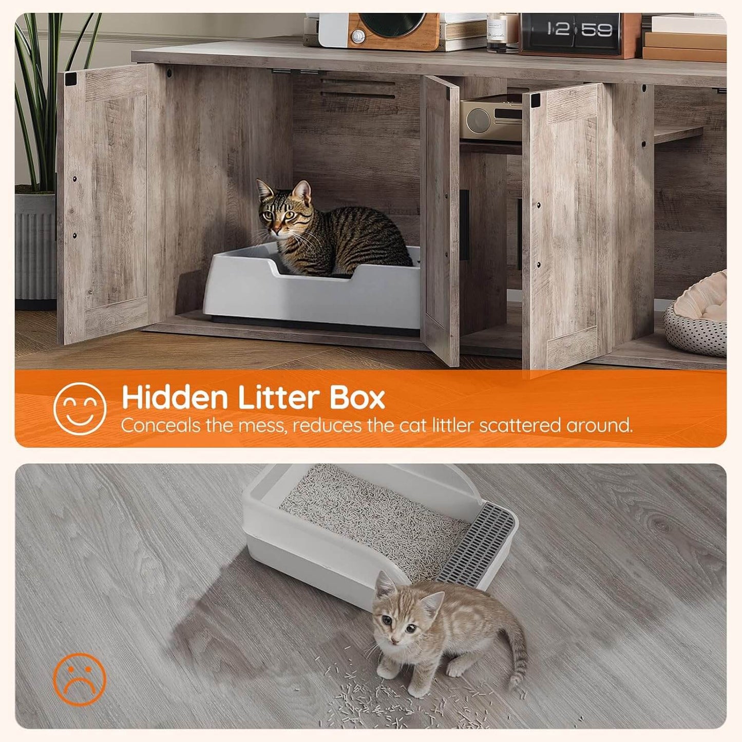 Hidden litter box system integrated into a wooden cabinet with a cat using it, followed by a scene of a cat near the litter box on the floor.