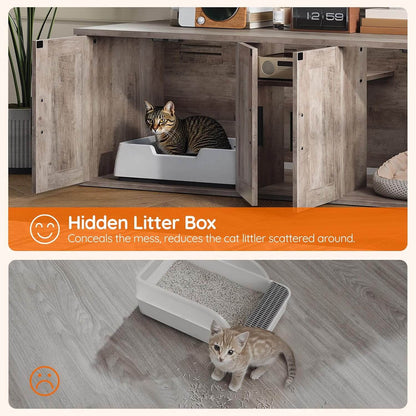 Hidden litter box system integrated into a wooden cabinet with a cat using it, followed by a scene of a cat near the litter box on the floor.