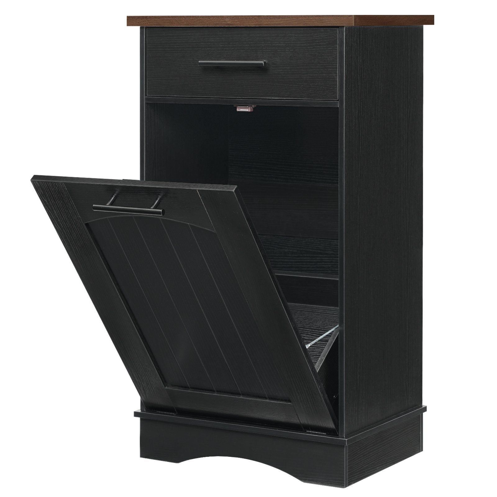 Isometric view of the black laundry cabinet showing both the top drawer and the tilt-out door fully open.