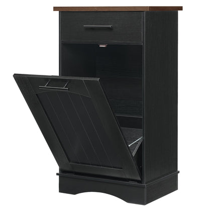 Isometric view of the black laundry cabinet showing both the top drawer and the tilt-out door fully open.