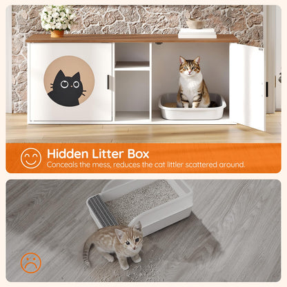 Opened cabinet door revealing a hidden litter pan station holding a plastic cat litter box and a scooper inside.