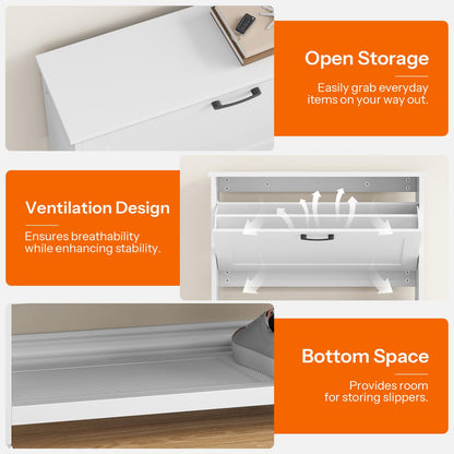 Three panel collage showing the open flat top, anti-tipping metal hardware, and open bottom shelf for slippers.