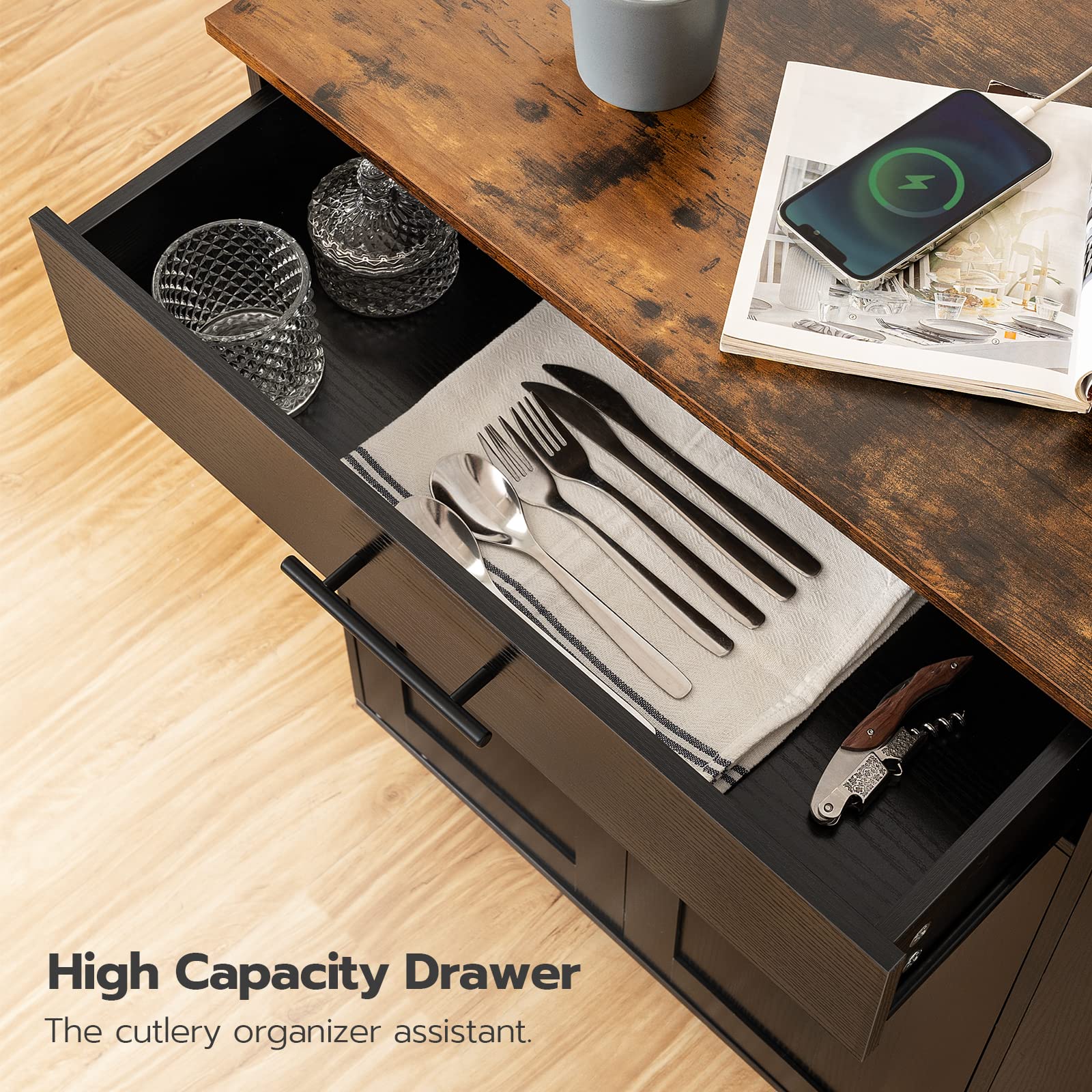 Top view of the high capacity single drawer storage layout holding silverware cutlery and forks in neat organization.