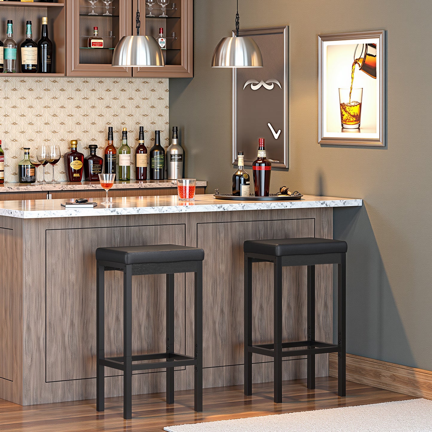 Heavy duty bar counter stools set up in a cozy home bistro and mini bar area.