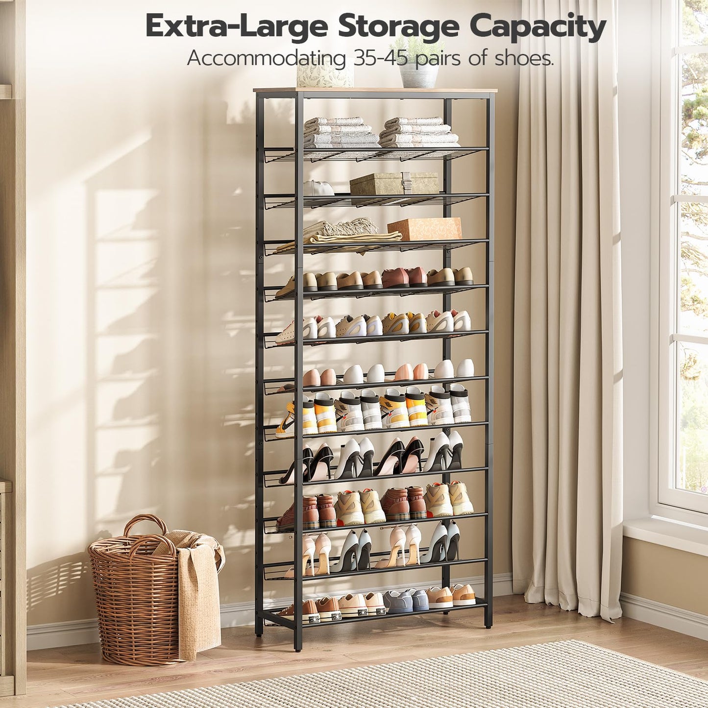 HOOBRO 12-tier tall shoe rack organizer holding multiple pairs of shoes in a bright farmhouse entryway corridor.