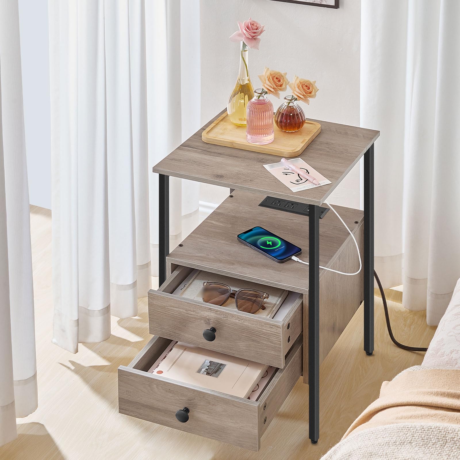 HOOBRO 2-drawer end table with charging station in greige wood finish by the bed