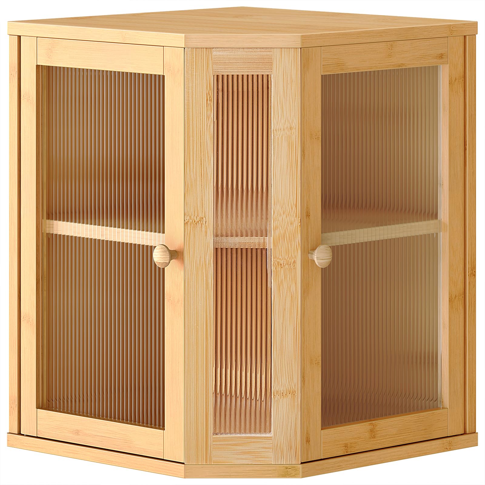 Wooden corner cabinet with glass doors on a white background