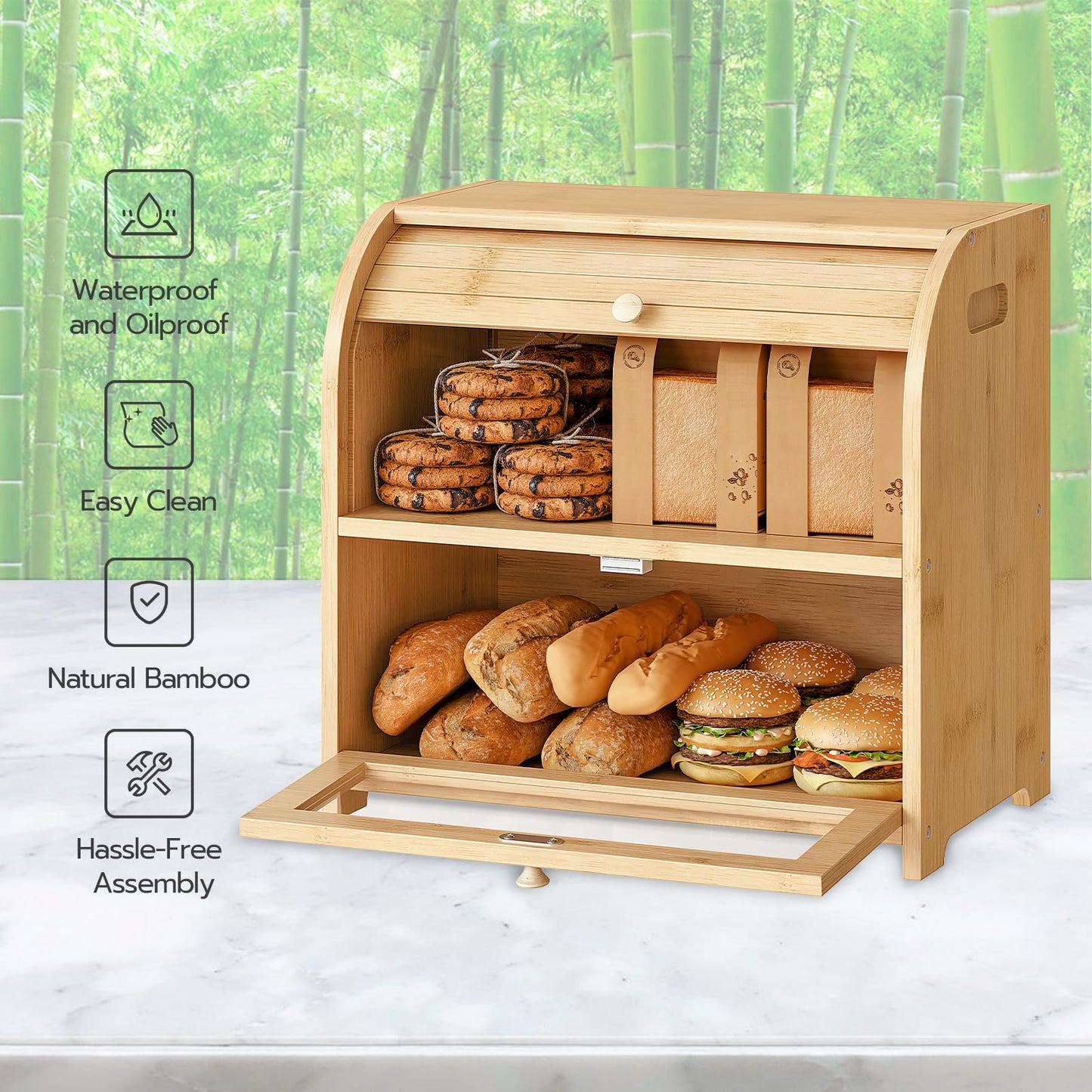 Wooden bread box with baked goods on a white surface with a green bamboo background
