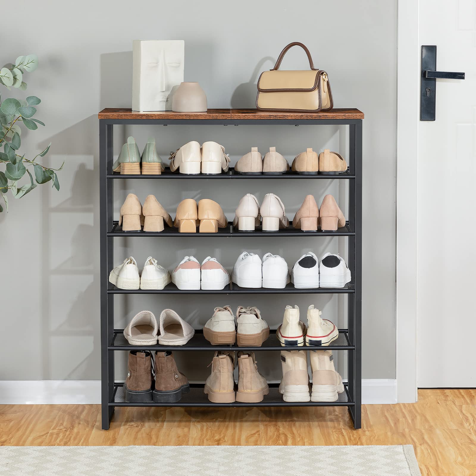 HOOBRO 6-tier industrial shoe rack holding 24 pairs of shoes next to a front door