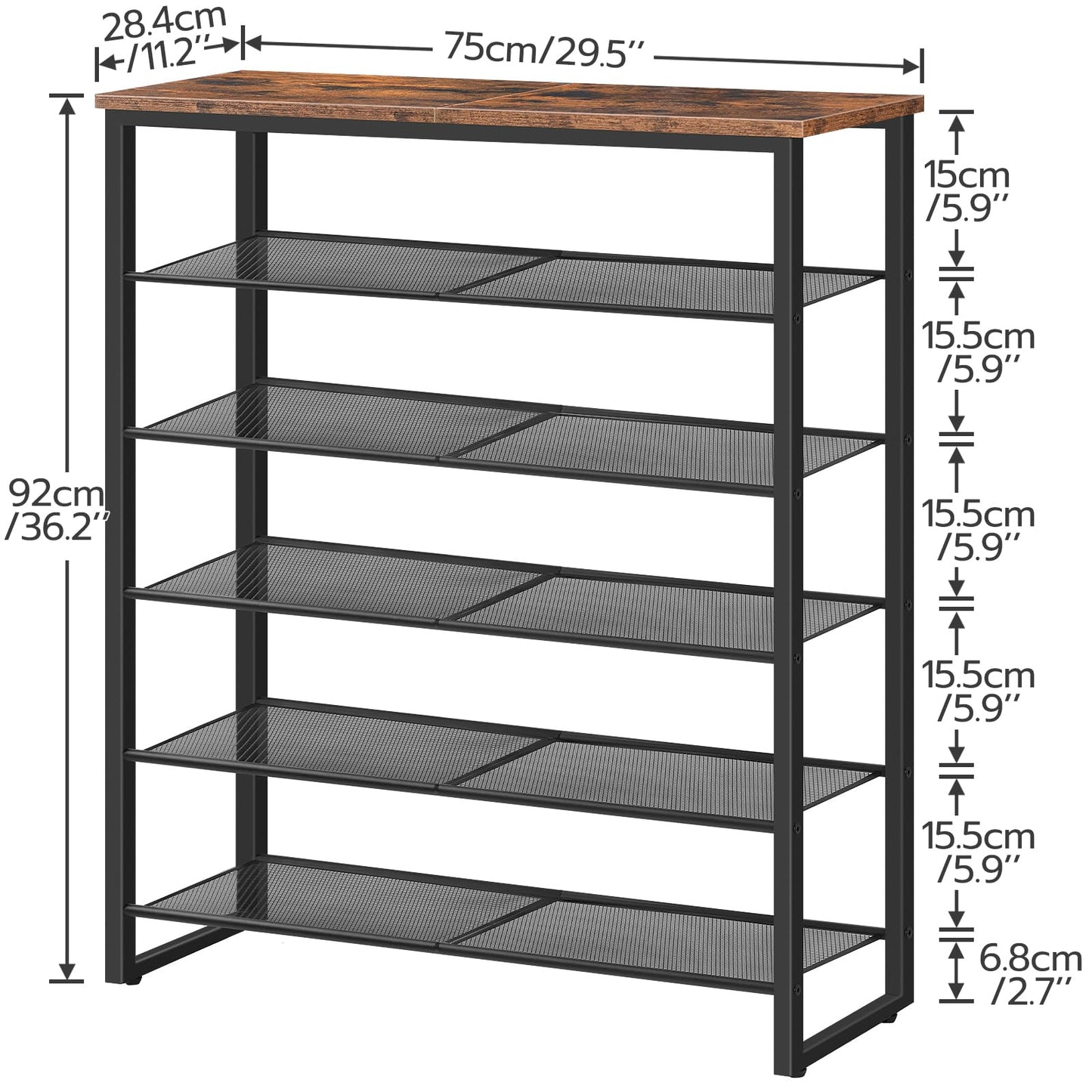 Detailed width and height dimensions of HOOBRO 6-tier large capacity shoe rack