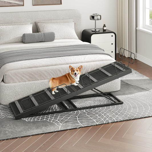 HOOBRO 63 inch adjustable dog ramp for high bed with a Corgi climbing up safely.
