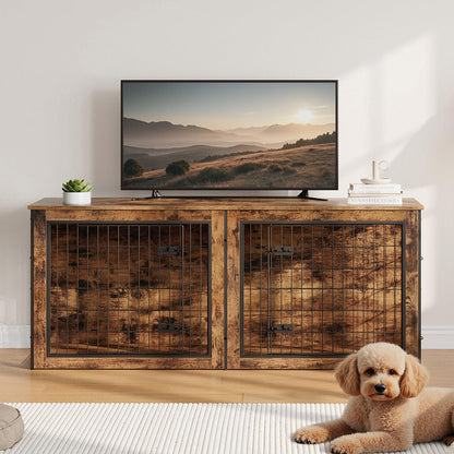 HOOBRO 63-inch large double dog crate furniture with divider heavy duty wooden indoor dog kennel cage tv stand bench for 2 large dogs living room decor