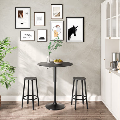 HOOBRO all black adjustable height round bar table paired with two matching black bar stools against a white wall.