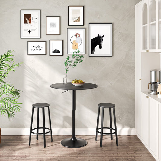 HOOBRO all black adjustable height round bar table paired with two matching black bar stools against a white wall.