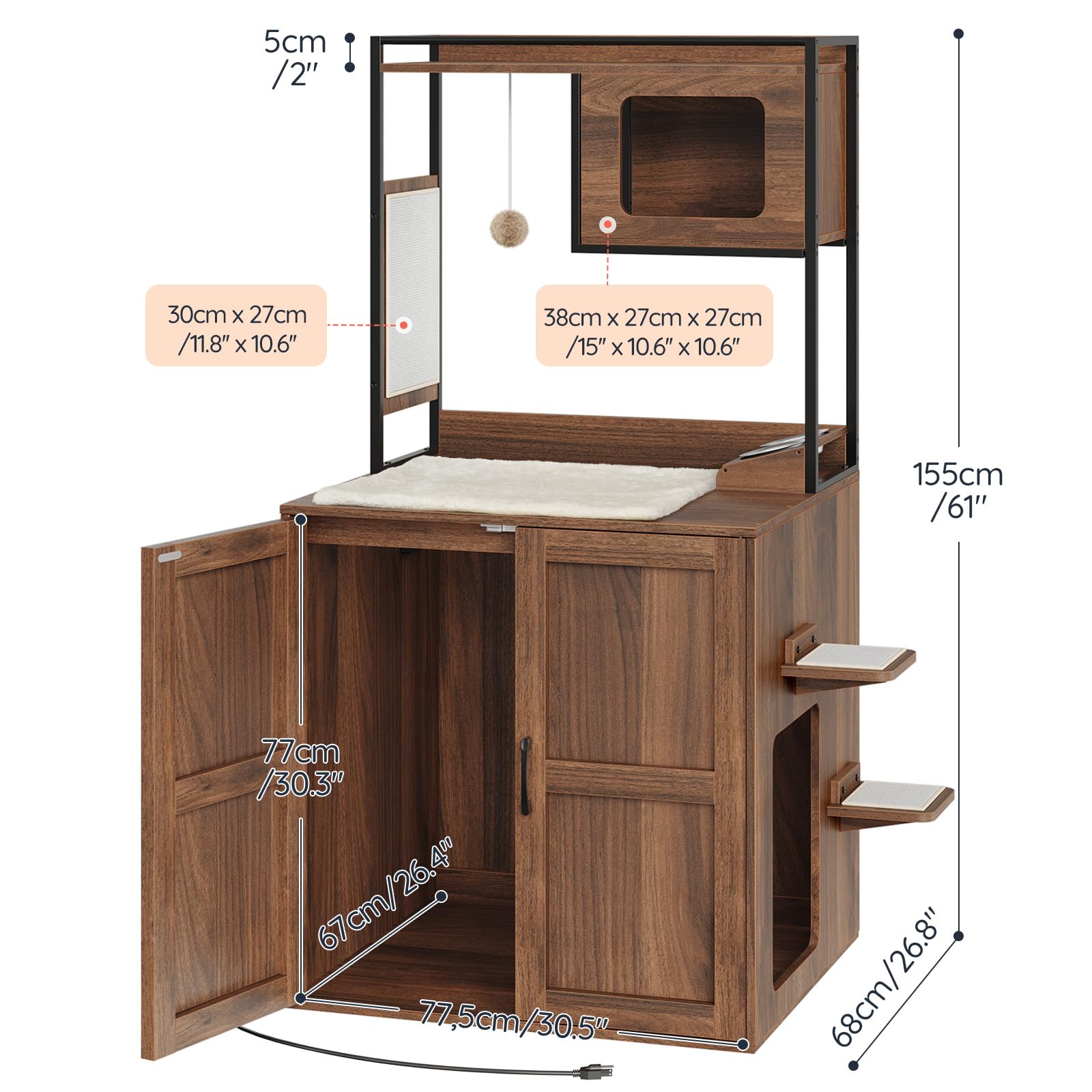 Wooden pet playhouse with dimensions labeled on a white background