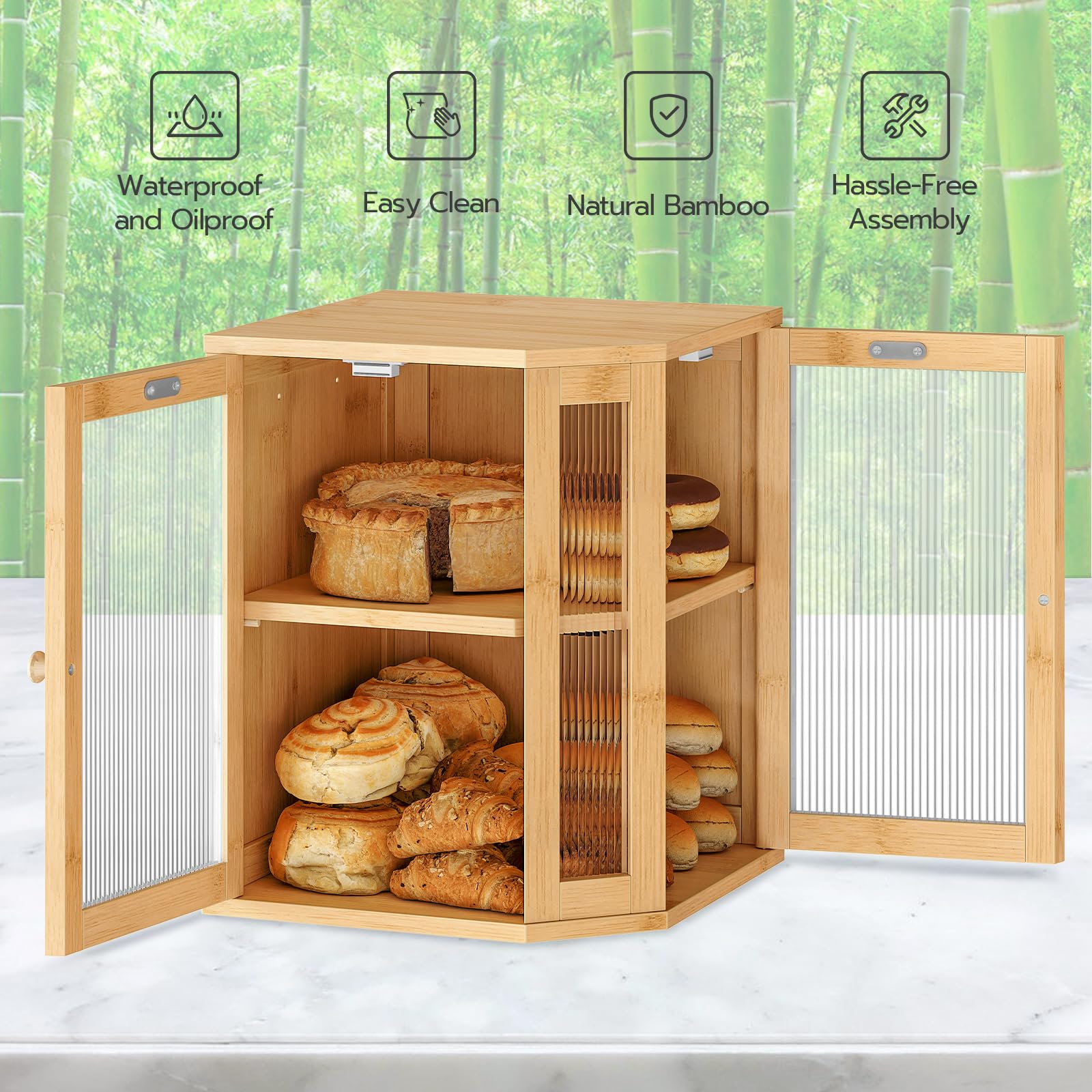 Bamboo bread storage cabinet with bread inside, set against a bamboo background.