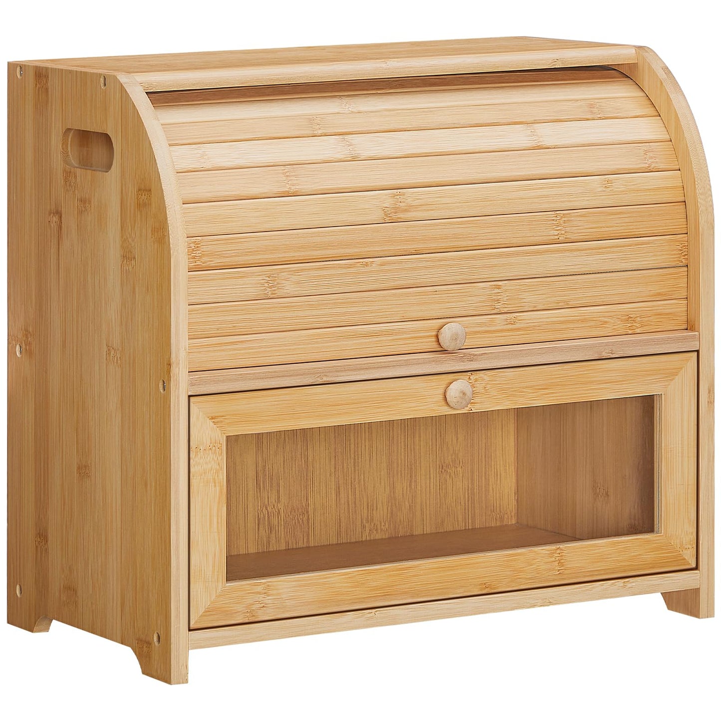 Wooden bread box with a roll-top design on a white background