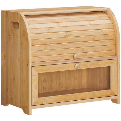 Wooden bread box with a roll-top design on a white background