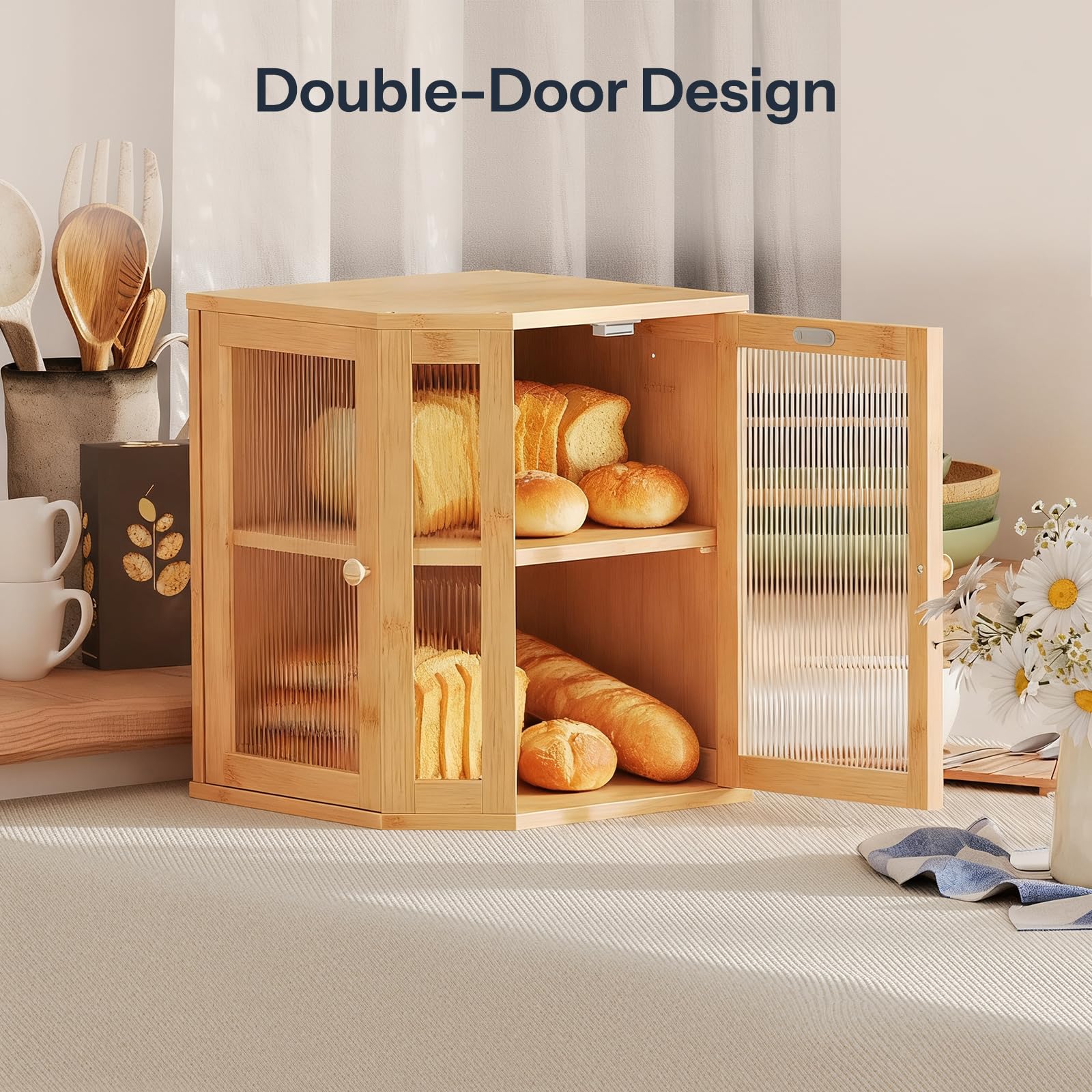 HOOBRO bamboo kitchen countertop corner bread box 2 tier wooden bread storage bin keeper with ripple style glass doors back vents to keep bread fresh space saving counter organizer