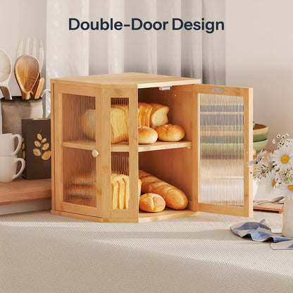 HOOBRO bamboo kitchen countertop corner bread box 2 tier wooden bread storage bin keeper with ripple style glass doors back vents to keep bread fresh space saving counter organizer