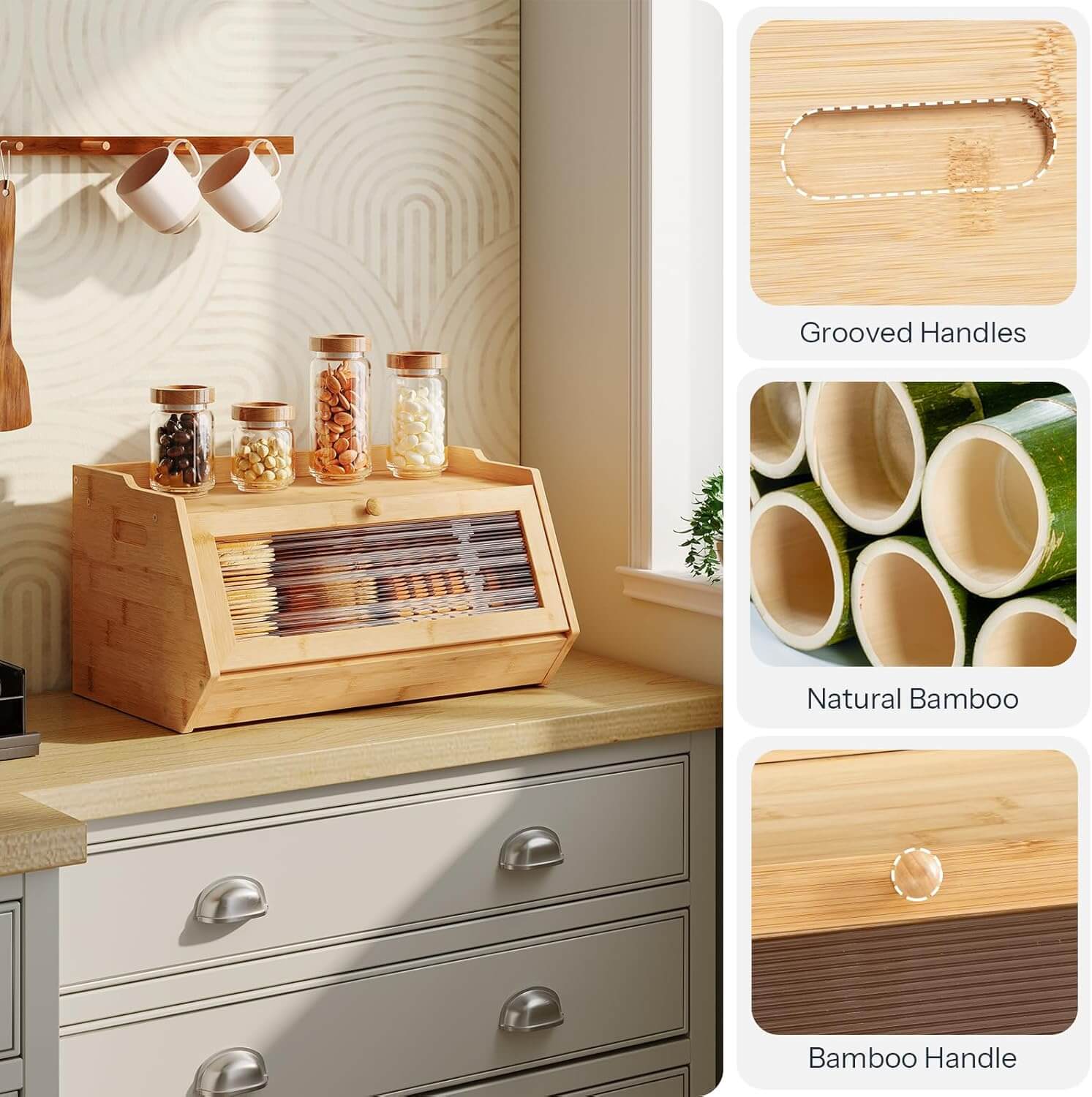 Bamboo bread box on a kitchen counter with close-up details of bamboo handles.