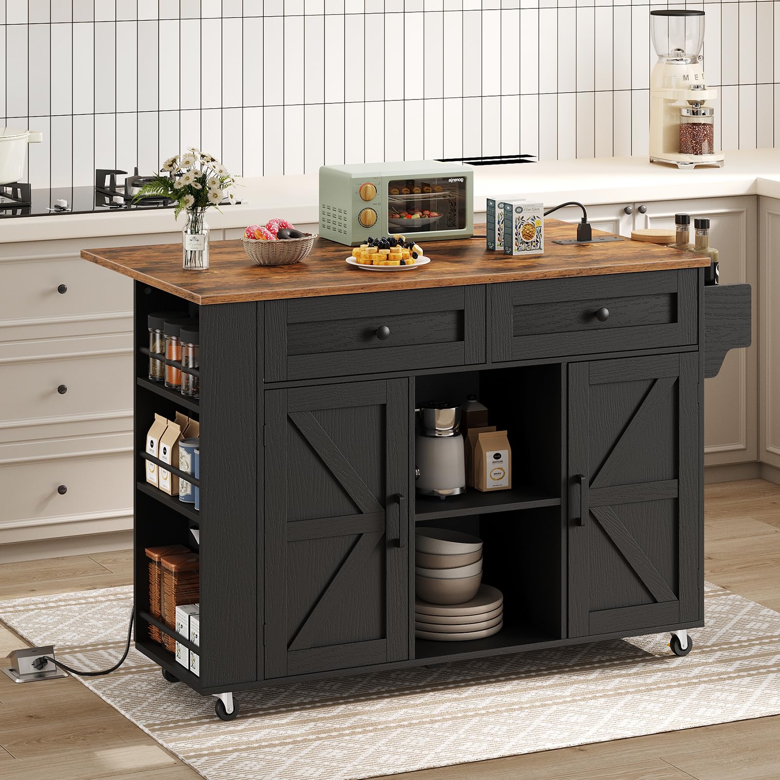 HOOBRO black rolling kitchen island cart with an expanded drop leaf rustic brown wood countertop holding a toaster.