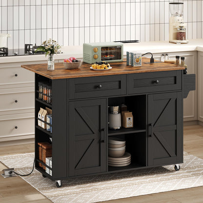 HOOBRO black rolling kitchen island cart with an expanded drop leaf rustic brown wood countertop holding a toaster.