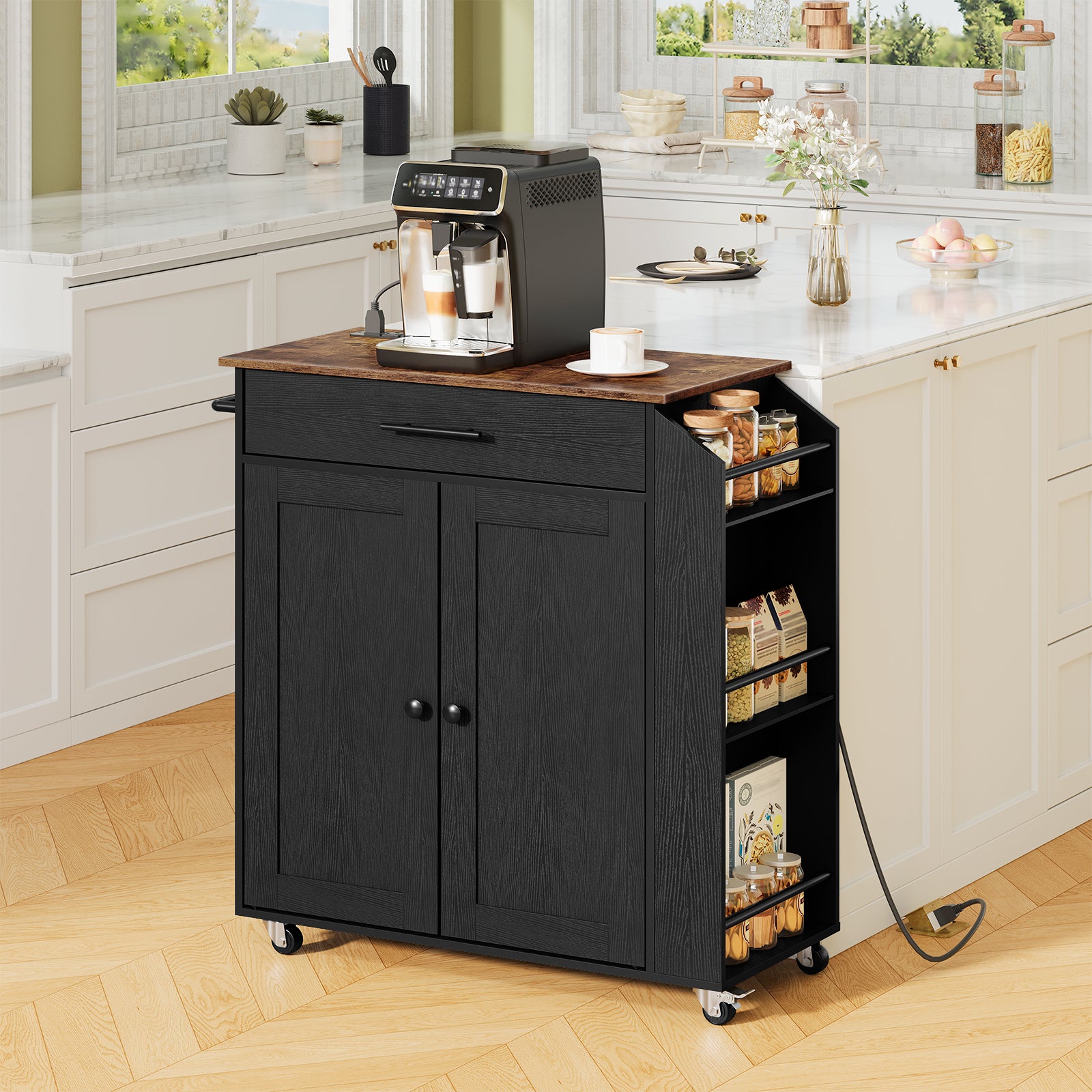 HOOBRO black rolling kitchen island cart with an expanded drop leaf wood countertop holding an espresso coffee maker.