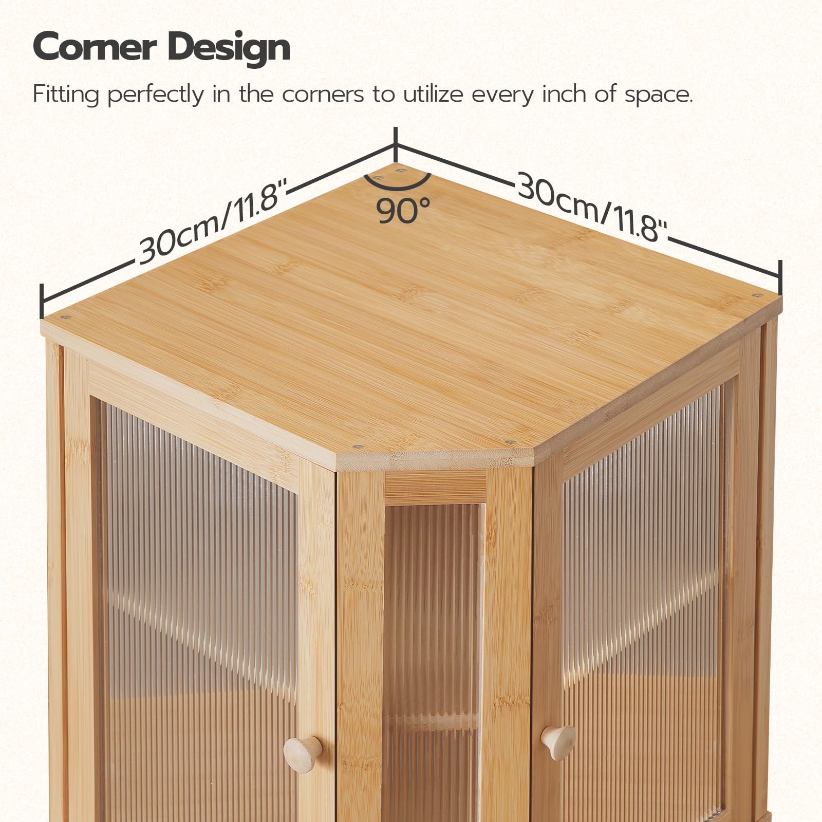 Wooden corner cabinet with dimensions labeled on a white background