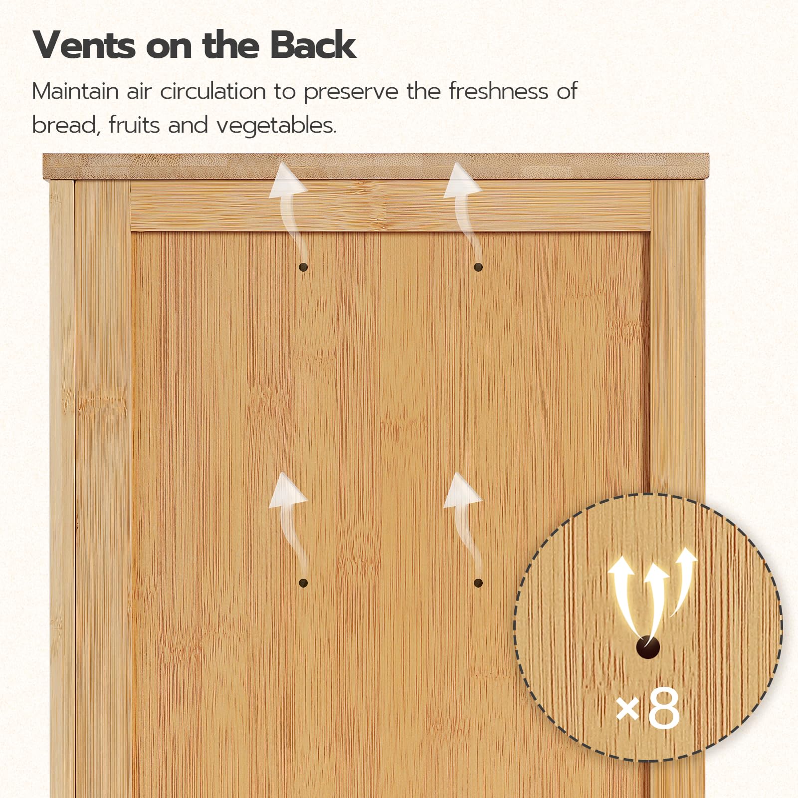 Wooden cabinet with vent illustration and text on air circulation.