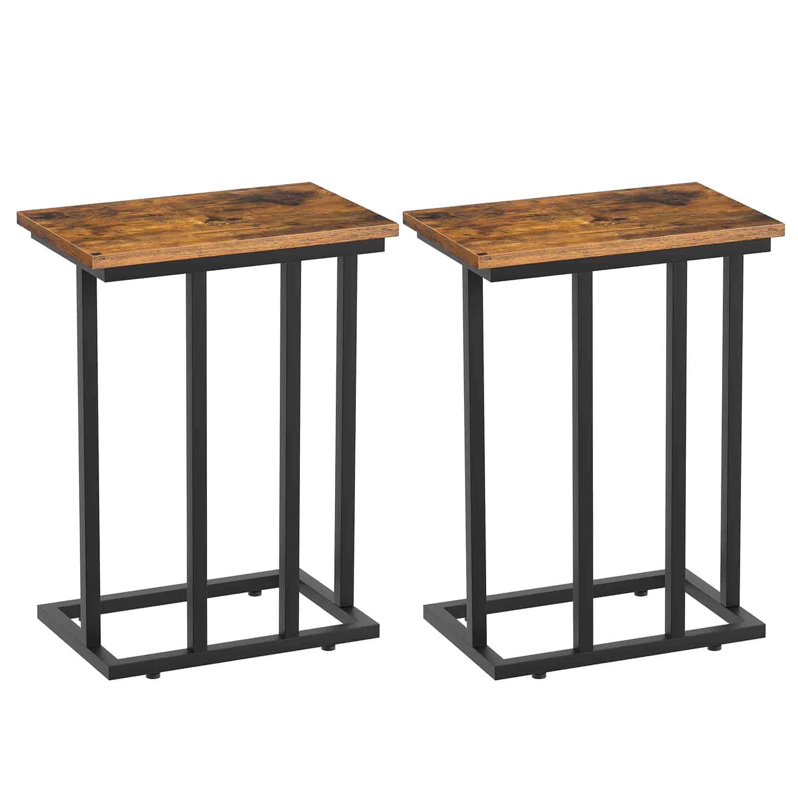 Two wooden tables with metal frames on a white background