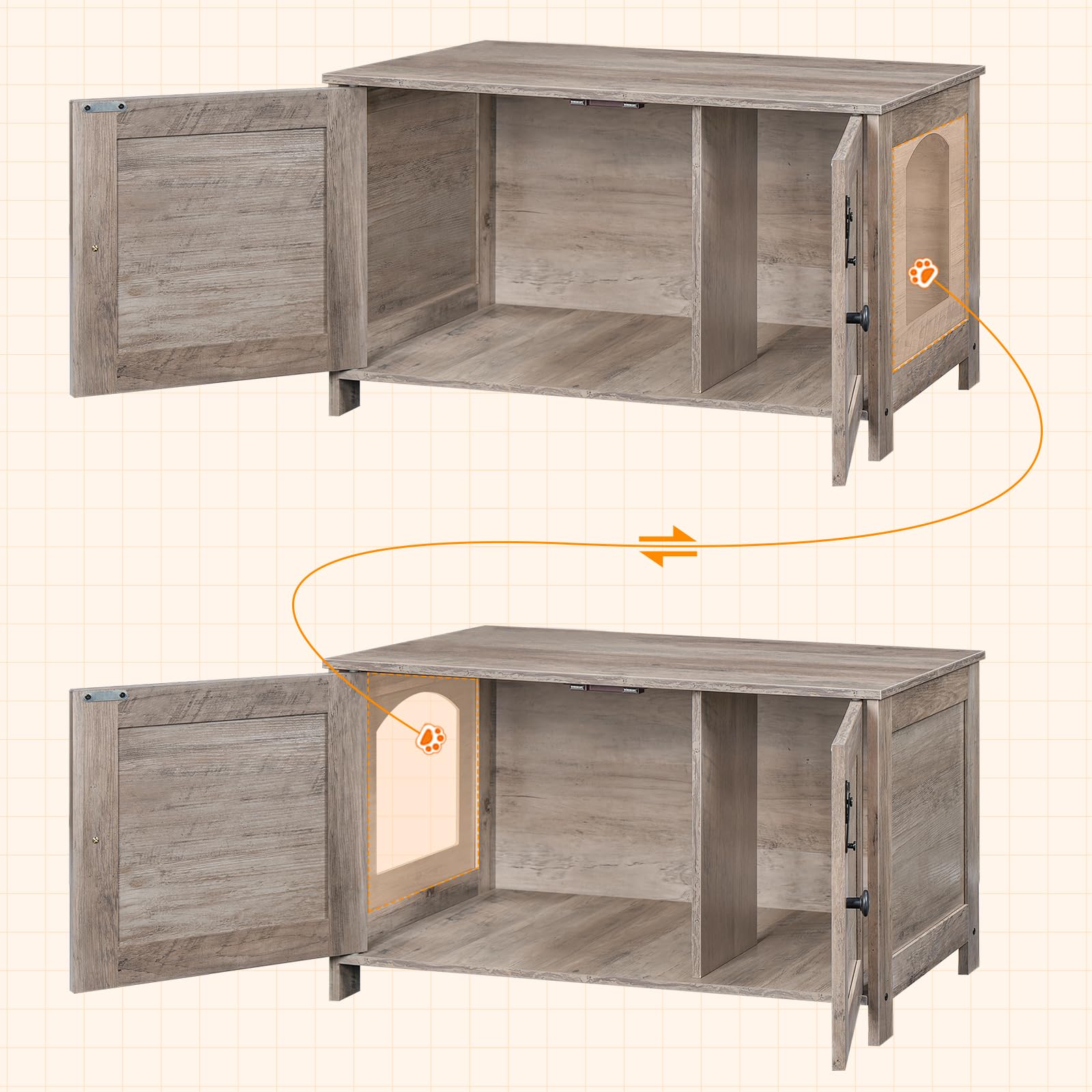 Wooden pet playpen with open doors on a beige background