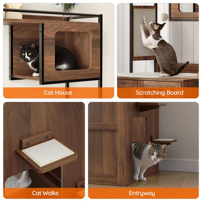 Wooden pet furniture with cat house, scratching board, and entryway features.