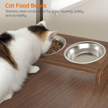 Cat eating from a stainless steel food bowl on a wooden stand with text about durability.