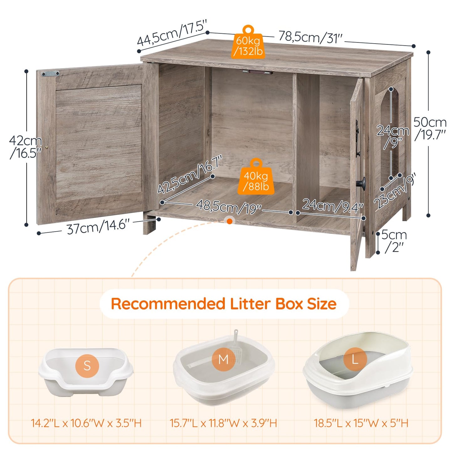 Wooden pet enclosure with dimensions and recommended litter box size chart on a white background