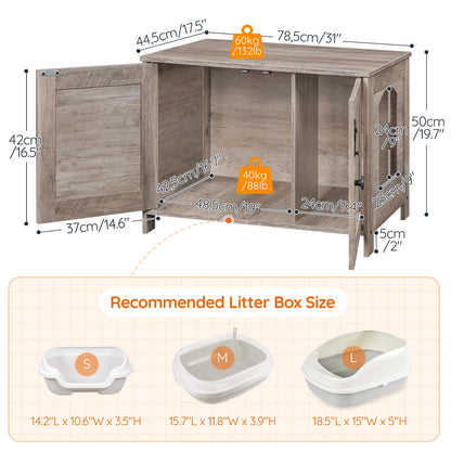 Wooden pet enclosure with dimensions and recommended litter box size chart on a white background