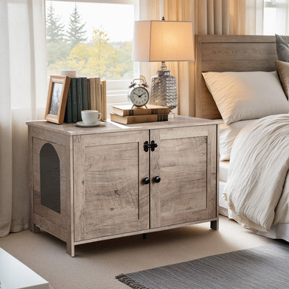 Wooden nightstand with decorative items in a bedroom setting