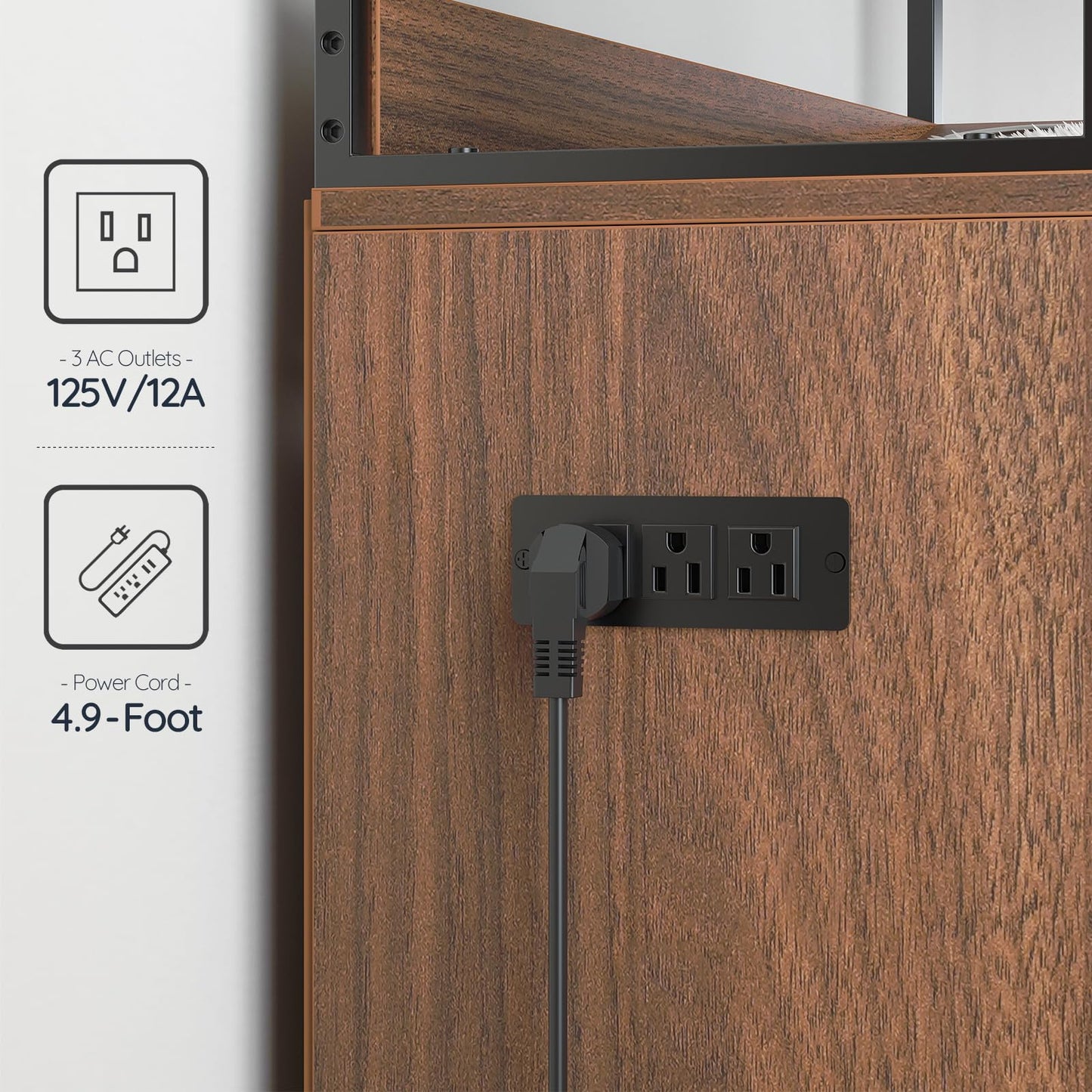 Wooden cabinet with built-in electrical outlet and power cord, featuring technical specifications on a white background.