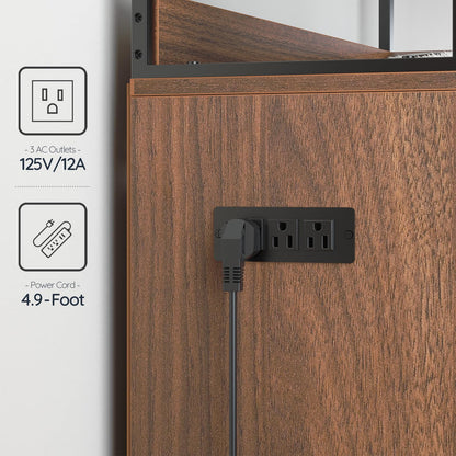 Wooden cabinet with built-in electrical outlet and power cord, featuring technical specifications on a white background.