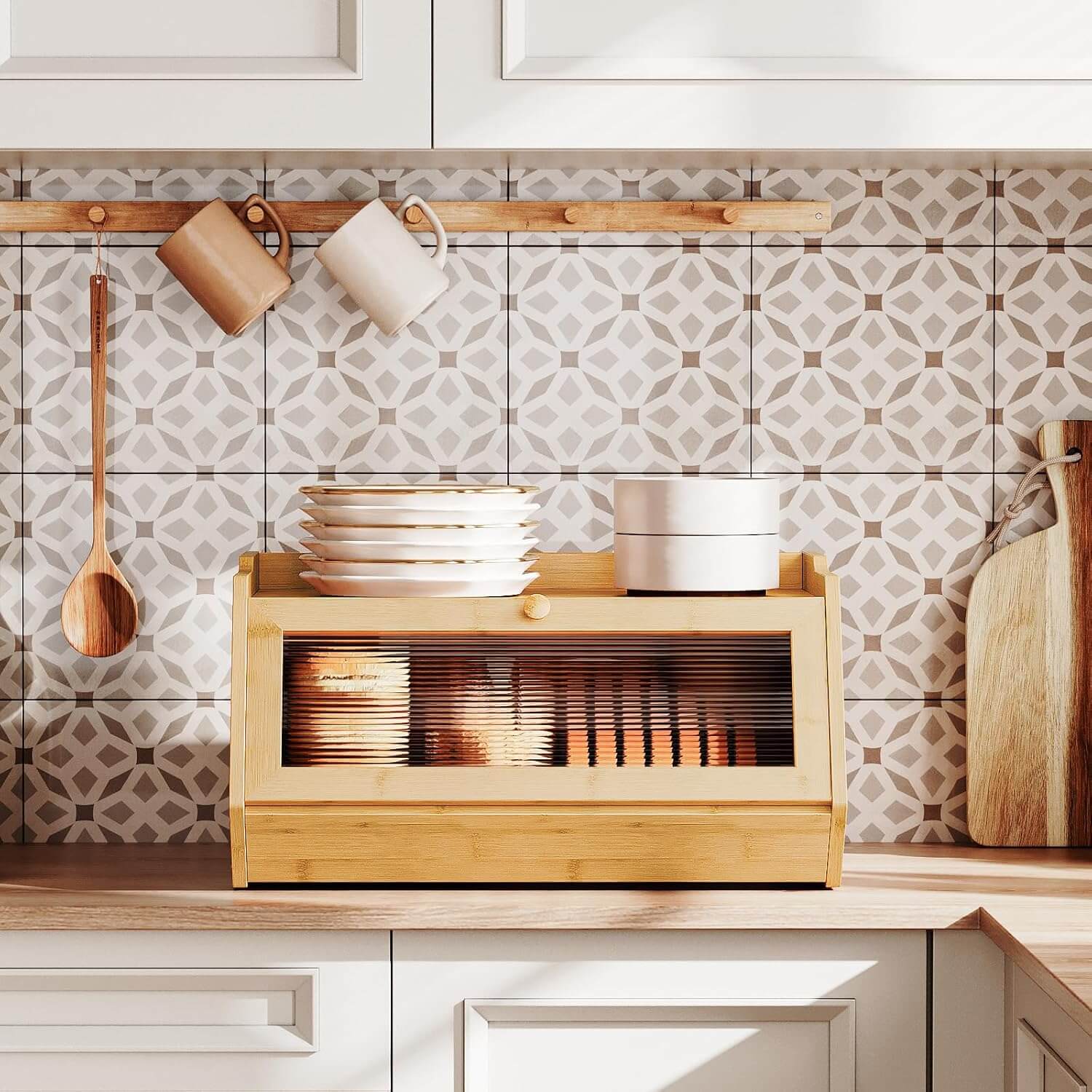 Wooden bread bin on a kitchen counter with patterned tiles in the background