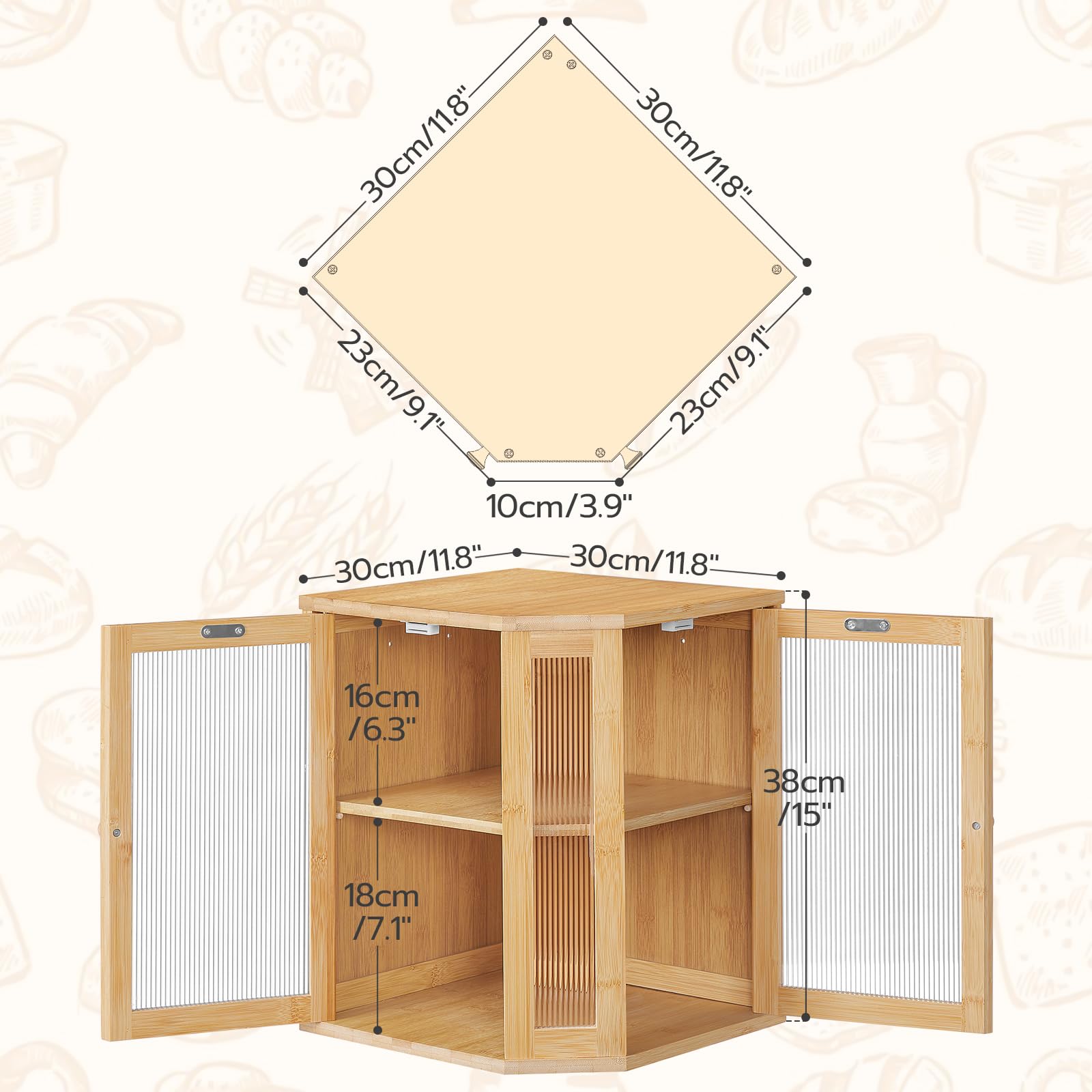 Wooden pet cage with dimensions labeled on a beige background
