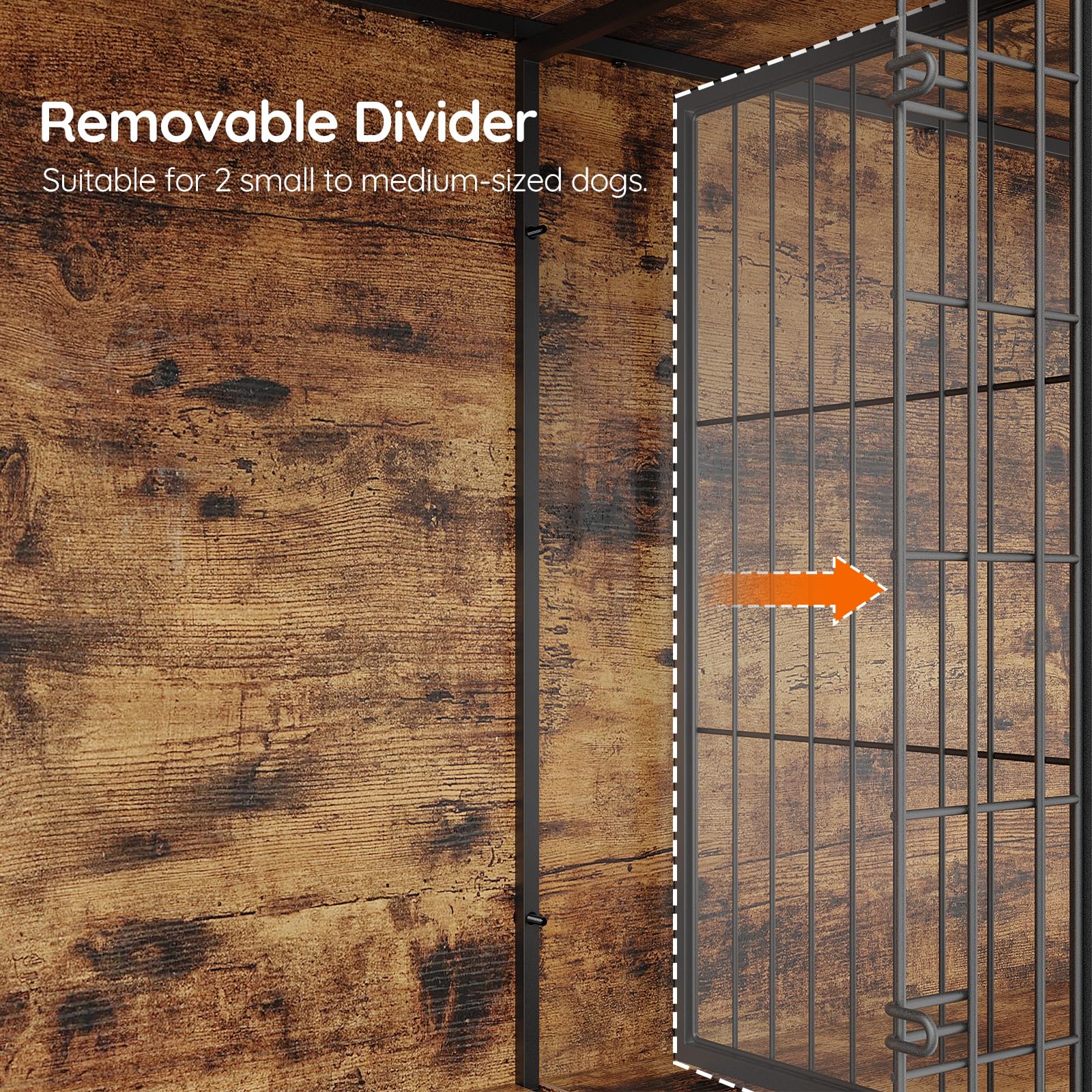 Wooden enclosure with a removable metal divider suitable for small to medium-sized dogs.